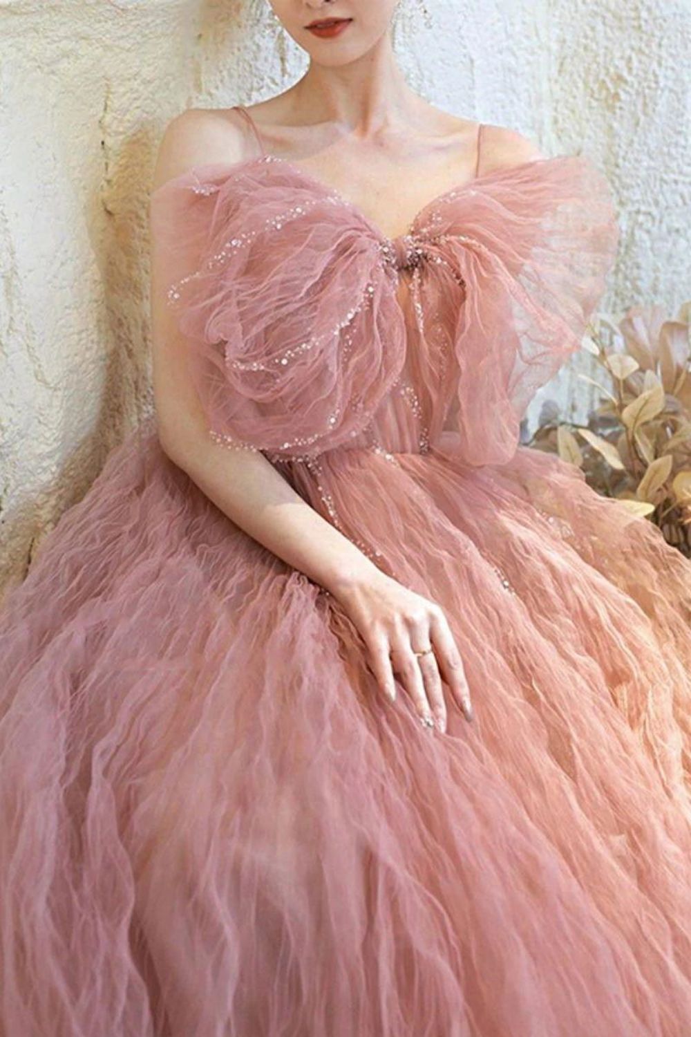 Weitese Beautiful A Line Spaghetti Straps Blush Long Formal Dress with Bowknot