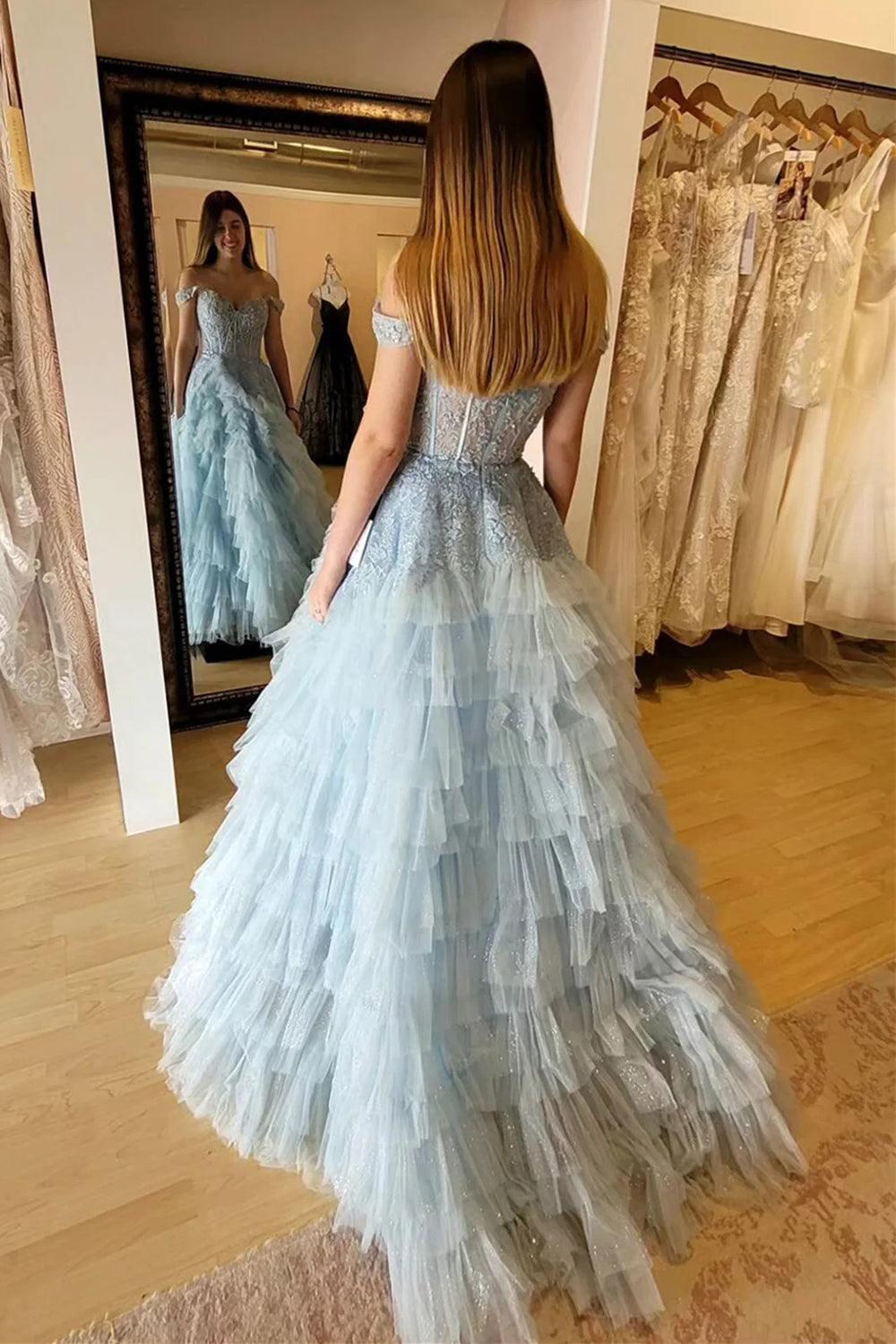 Weitese Princess A Line Off the Shoulder Light Blue Corset Prom Dress with Appliques