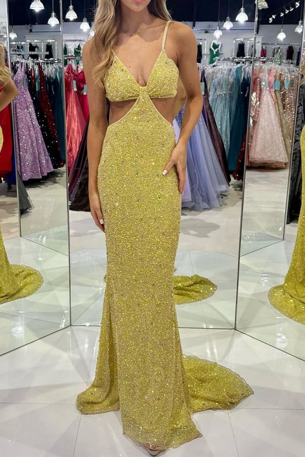Weitese Stunning Mermaid Spaghetti Straps Golden Sequins Long Prom Dress with Open Back