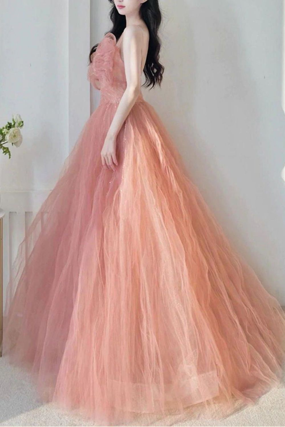 Weitese Beautiful A Line Spaghetti Straps Blush Long Formal Dress with Bowknot