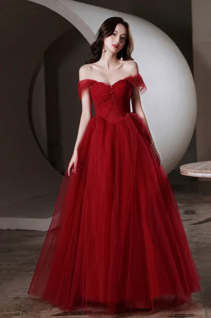 Romantic A-line Off Shoulder Short Sleeve Lace Up Back Long Prom Dress