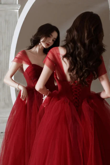 Romantic A-line Off Shoulder Short Sleeve Lace Up Back Long Prom Dress
