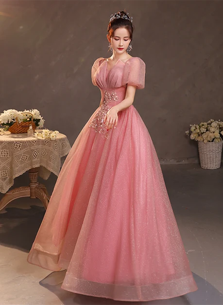 Sparkly A-line V-neck Puff Sleeve Lace Up Back Long Prom Dress