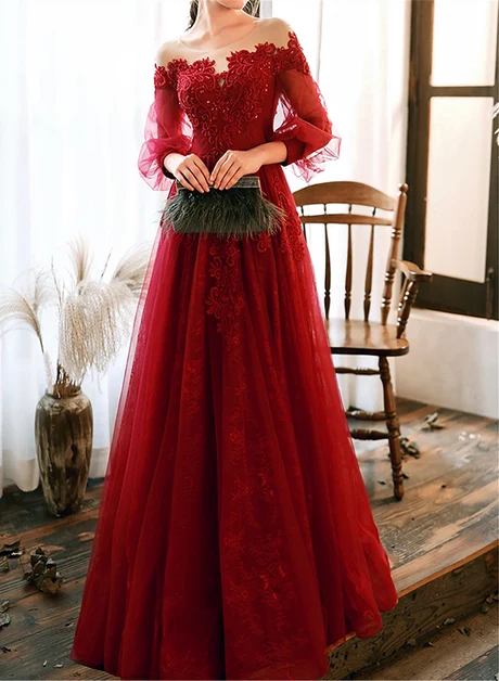 Burgundy Tulle Lace A-Line Illusion Neck Lace-Up Back Floor-Length Dress