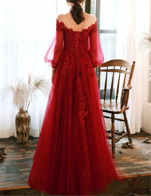 Burgundy Tulle Lace A-Line Illusion Neck Lace-Up Back Floor-Length Dress