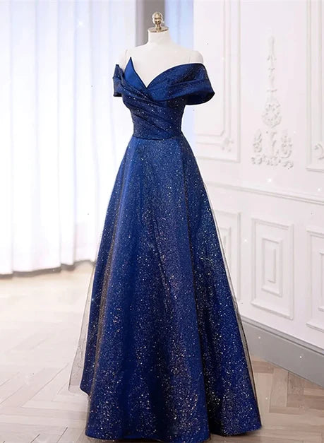 Royal Blue Glitter Tulle A-Line Off-the-Shoulder Zipper Back Floor-Length Dress