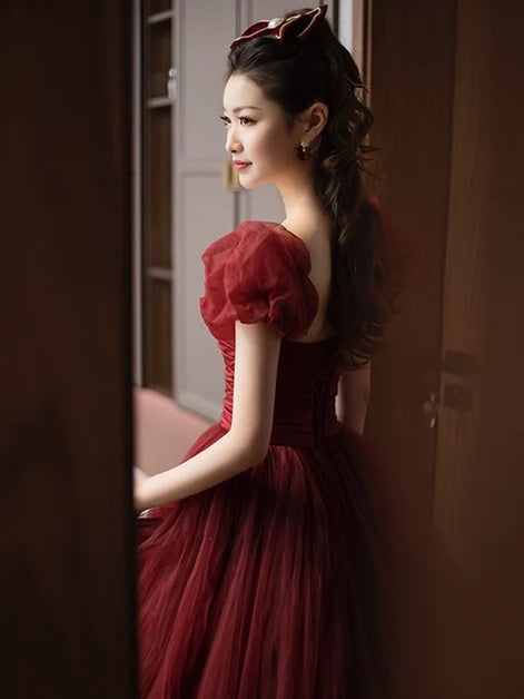 Burgundy Tulle ball-gown square-neck lace-up-back floor-length Dress