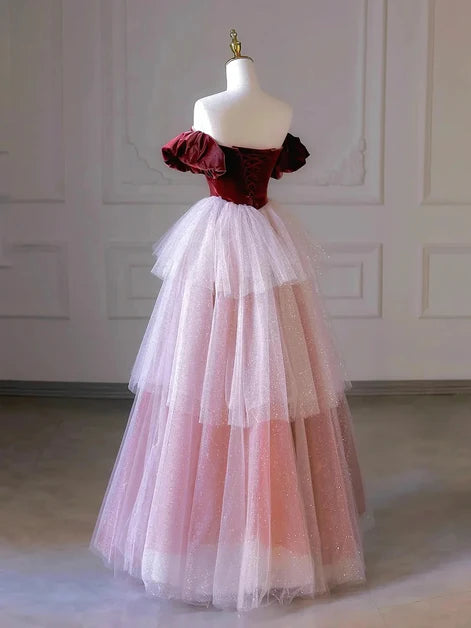 Burgundy and Pink Velvet & Glitter Tulle Ball Gown Sweetheart Floor-Length Dress