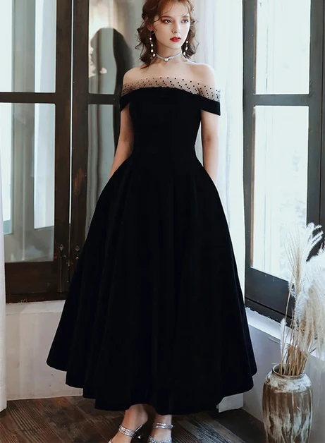 Black Velvet A-Line Off-the-Shoulder Lace-Up Back Ankle-Length Dress