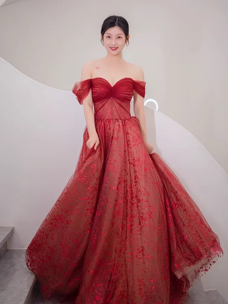 Burgundy Glitter Tulle A-Line Sweetheart Lace-Up Back Floor-Length Dress