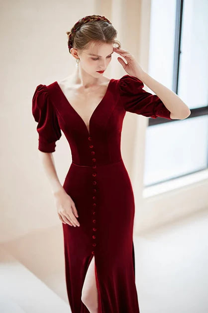 Burgundy Velvet Trumpet Plunging V-Neck V-Back Floor-Length Dress
