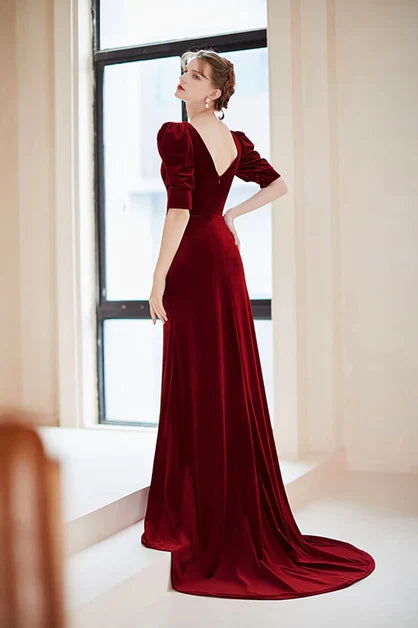 Burgundy Velvet Trumpet Plunging V-Neck V-Back Floor-Length Dress