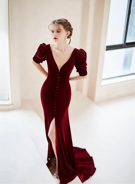 Burgundy Velvet Trumpet Plunging V-Neck V-Back Floor-Length Dress