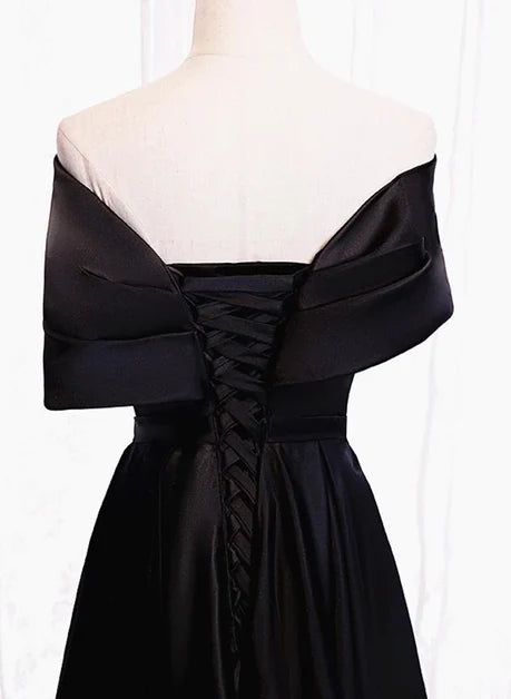 Black Satin A-Line Off-the-Shoulder Lace-Up Back Floor-Length Dress