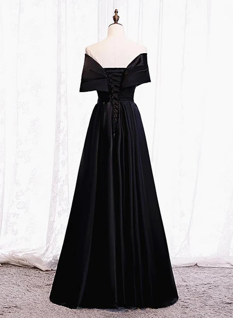 Black Satin A-Line Off-the-Shoulder Lace-Up Back Floor-Length Dress