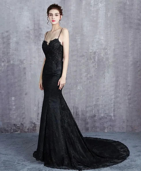 Black Lace Mermaid Sweetheart Open Back Floor-Length Dress