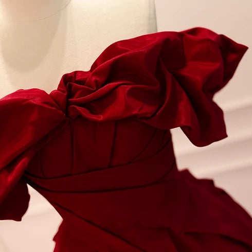 Burgundy Satin Ball Gown Off-the-Shoulder Lace-Up Back Floor-Length Dress