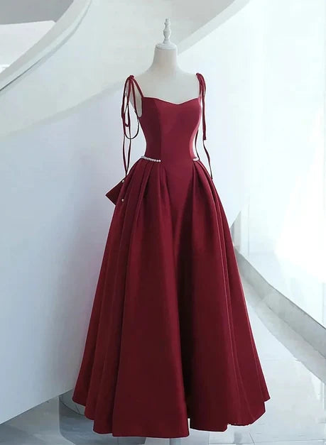 Burgundy Satin A-Line Sweetheart Lace-Up Back Floor-Length Dress