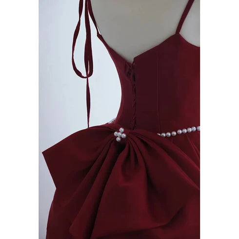 Burgundy Satin A-Line Sweetheart Lace-Up Back Floor-Length Dress