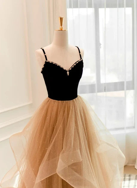 Champagne Glitter Tulle & Velvet Ball Gown Sweetheart Floor-Length Dress