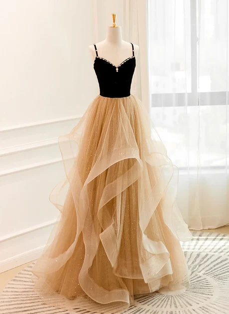 Champagne Glitter Tulle & Velvet Ball Gown Sweetheart Floor-Length Dress