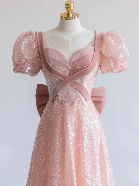 Blushing Pink Sequin A-Line Sweetheart V-Back Floor-Length Dress