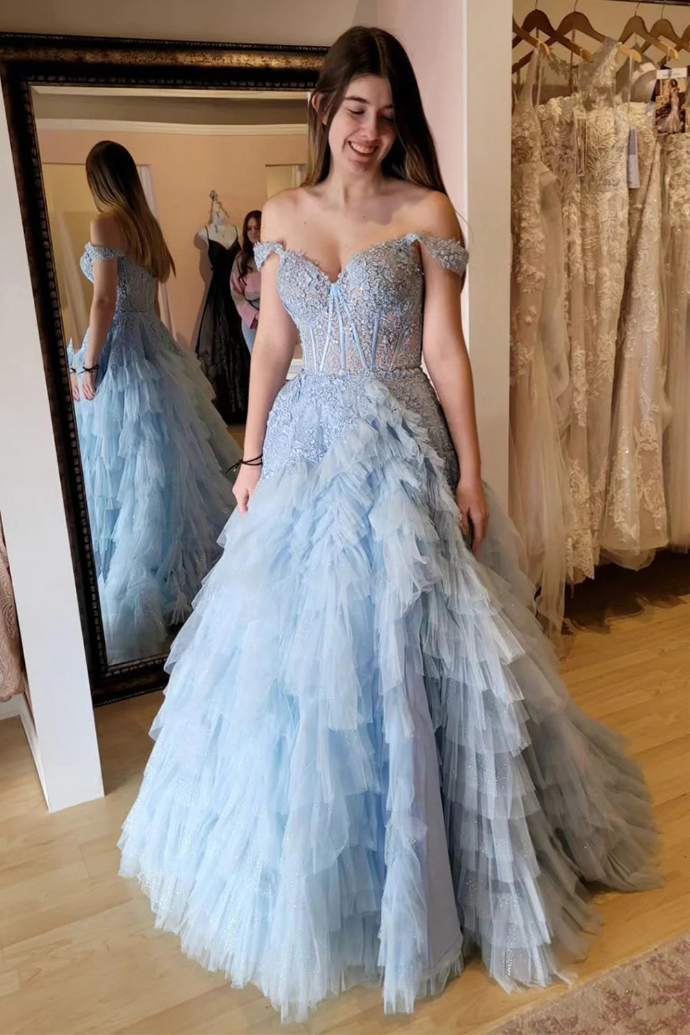 Weitese Princess A Line Off the Shoulder Light Blue Corset Prom Dress with Appliques