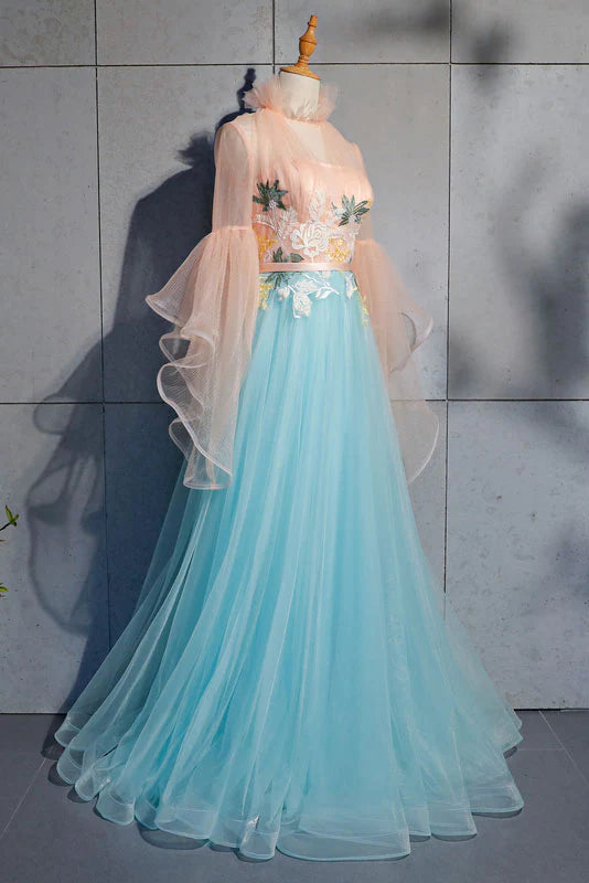 Blue Tulle Lace Long Sleeves Floor Length Prom Dress