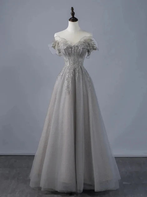 Grey Tulle A-Line Off-the-Shoulder Zipper Back Floor-Length Dress