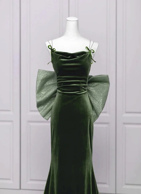 Olive Green Velvet Mermaid Cowl Neck Criss-Cross Back Floor-Length Dress