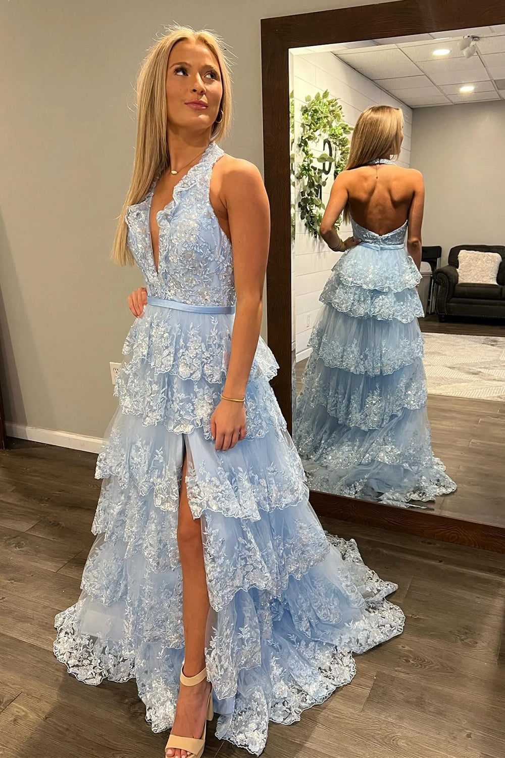 Weitese Sparkly Light Blue A-Line Halter Backless Long Tiered Prom Dress With Slit