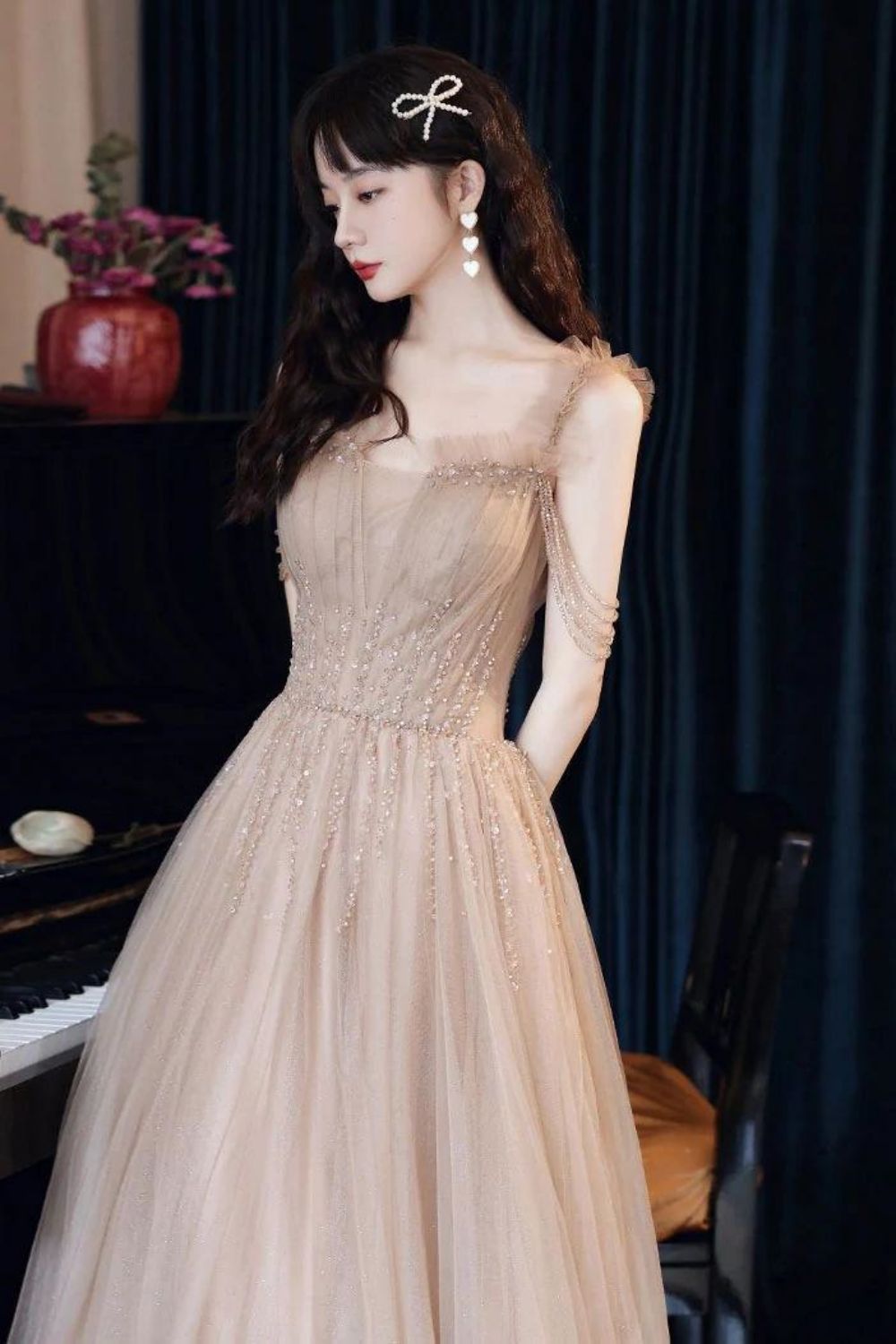 Weitese Elegant A Line Off the Shoulder Champagne Floor Length Formal Dress
