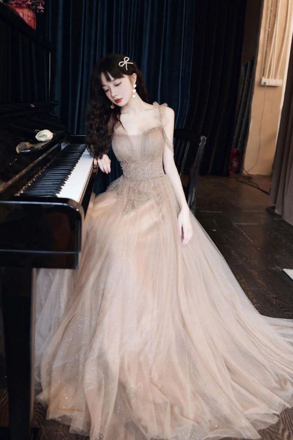 Weitese Elegant A Line Off the Shoulder Champagne Floor Length Formal Dress