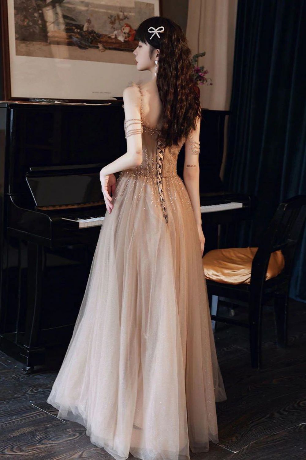 Weitese Elegant A Line Off the Shoulder Champagne Floor Length Formal Dress