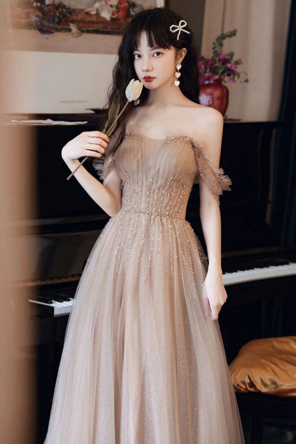 Weitese Elegant A Line Off the Shoulder Champagne Floor Length Formal Dress