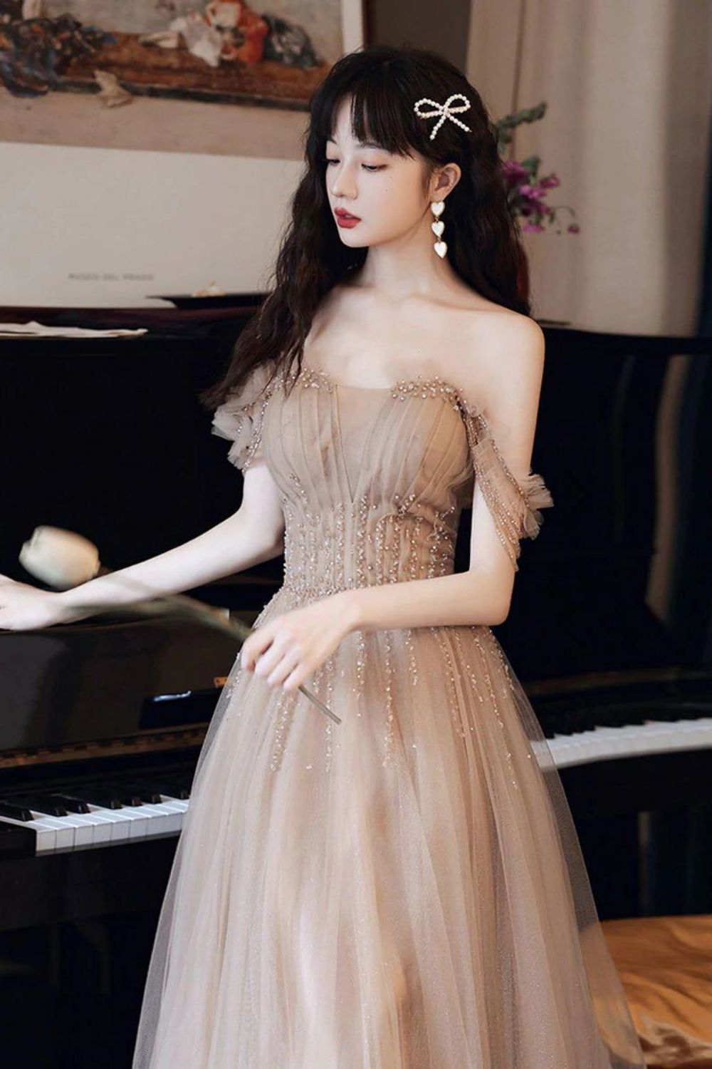 Weitese Elegant A Line Off the Shoulder Champagne Floor Length Formal Dress