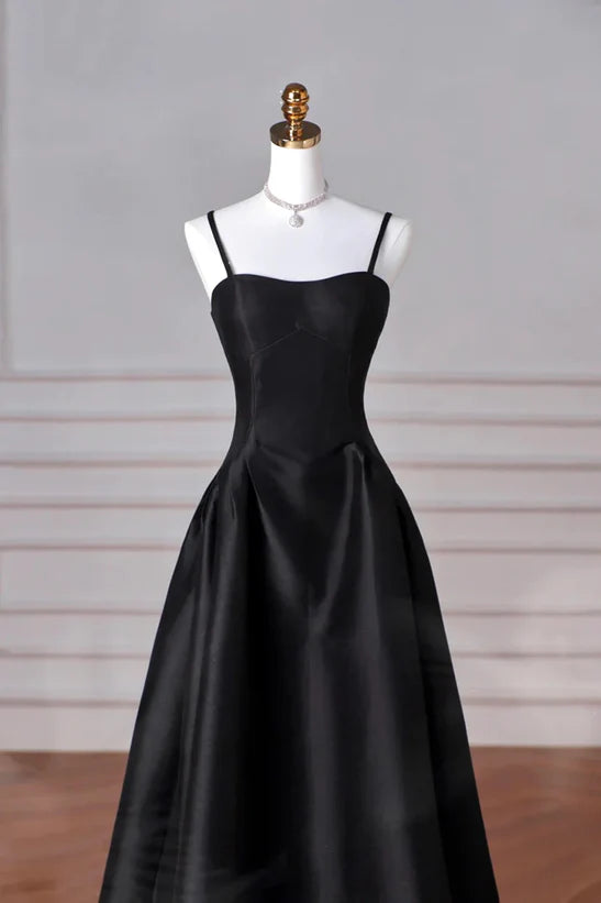 A-Line Black Straps Satin Long Prom Dress