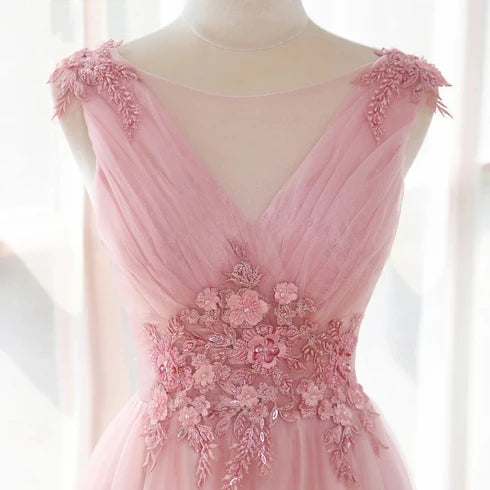 Blushing Pink Tulle A-Line V-Neck Lace-up Floor-Length Dress