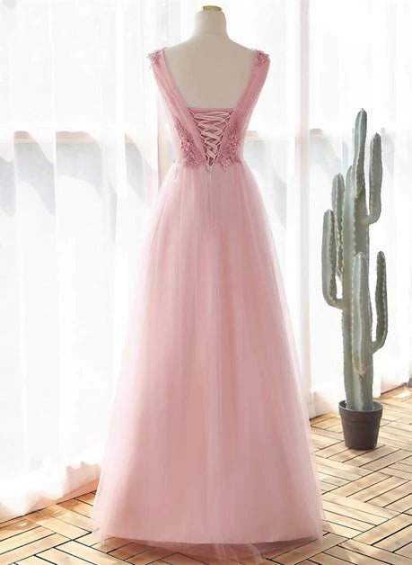 Blushing Pink Tulle A-Line V-Neck Lace-up Floor-Length Dress