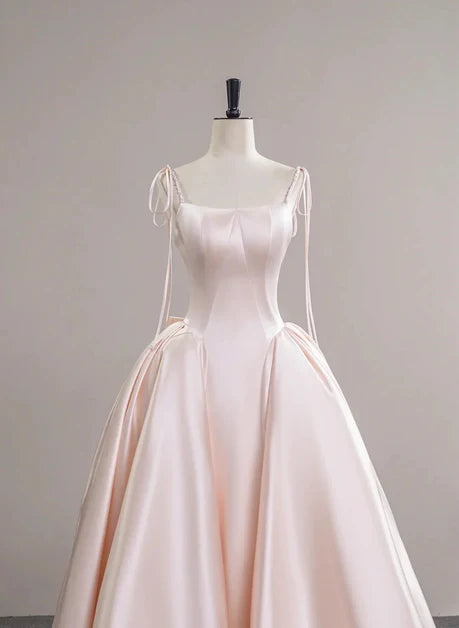 Blushing Pink Satin ball-gown square-neck low-back floor-length Dress