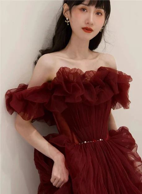 Burgundy Tulle Ball Gown Off-the-Shoulder Zipper Back Floor-Length Dress
