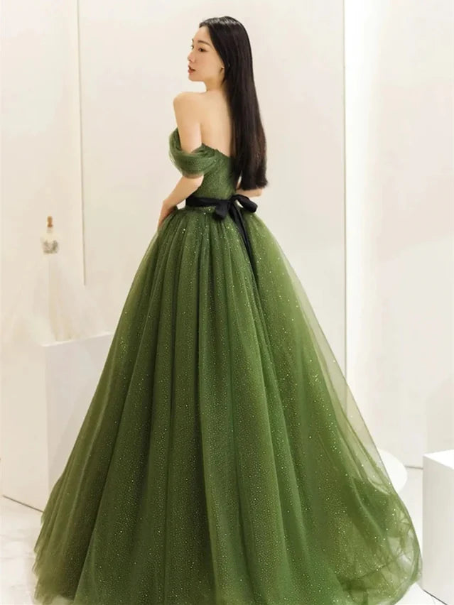Olive Green Glitter Tulle Ball Gown Off-the-Shoulder V-Back Floor-Length Dress