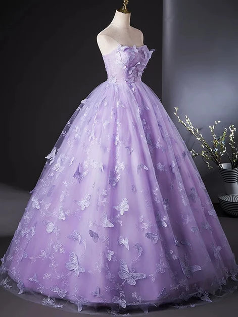 Lavender Tulle Ball Gown Strapless Lace-Up Back Floor-Length Dress