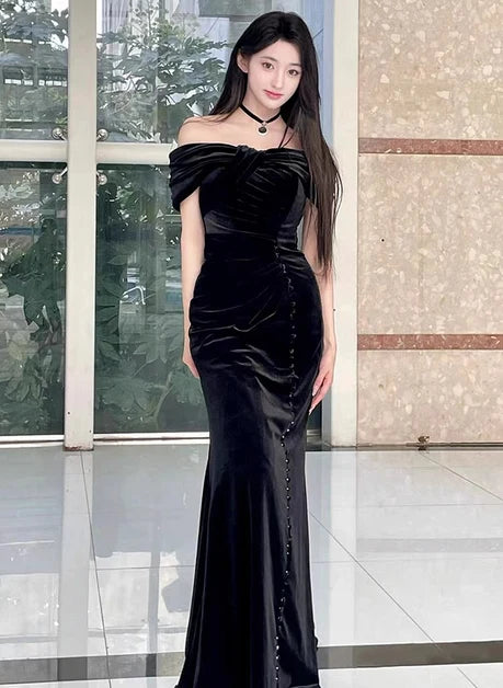 Black Velvet Mermaid Off-the-Shoulder Low Back Floor-Length Dress