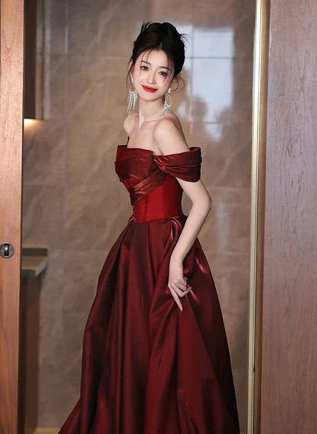 Burgundy Satin A-Line Off-the-Shoulder Lace-up Floor-Length Dress