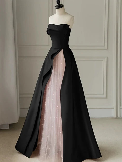Black Satin A-Line Strapless Zipper Back Floor Length Dress