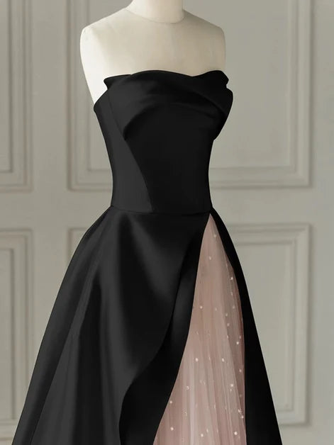 Black Satin A-Line Strapless Zipper Back Floor Length Dress