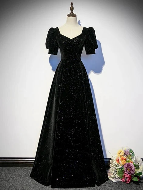 Black Glitter Velvet A-Line Sweetheart Lace-Up Back Floor-Length Dress