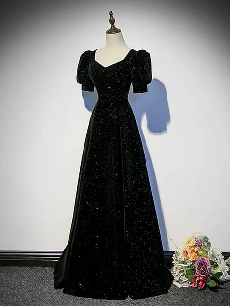 Black Glitter Velvet A-Line Sweetheart Lace-Up Back Floor-Length Dress