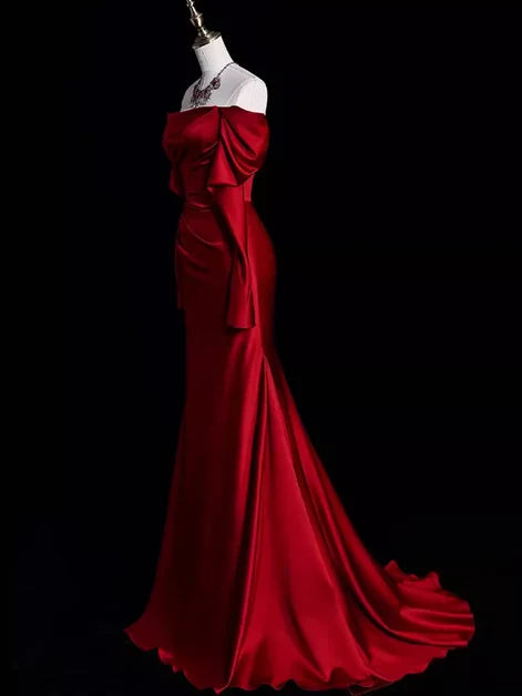 Burgundy Satin Trumpet Off-the-Shoulder Zipper Back Floor-Length Dress